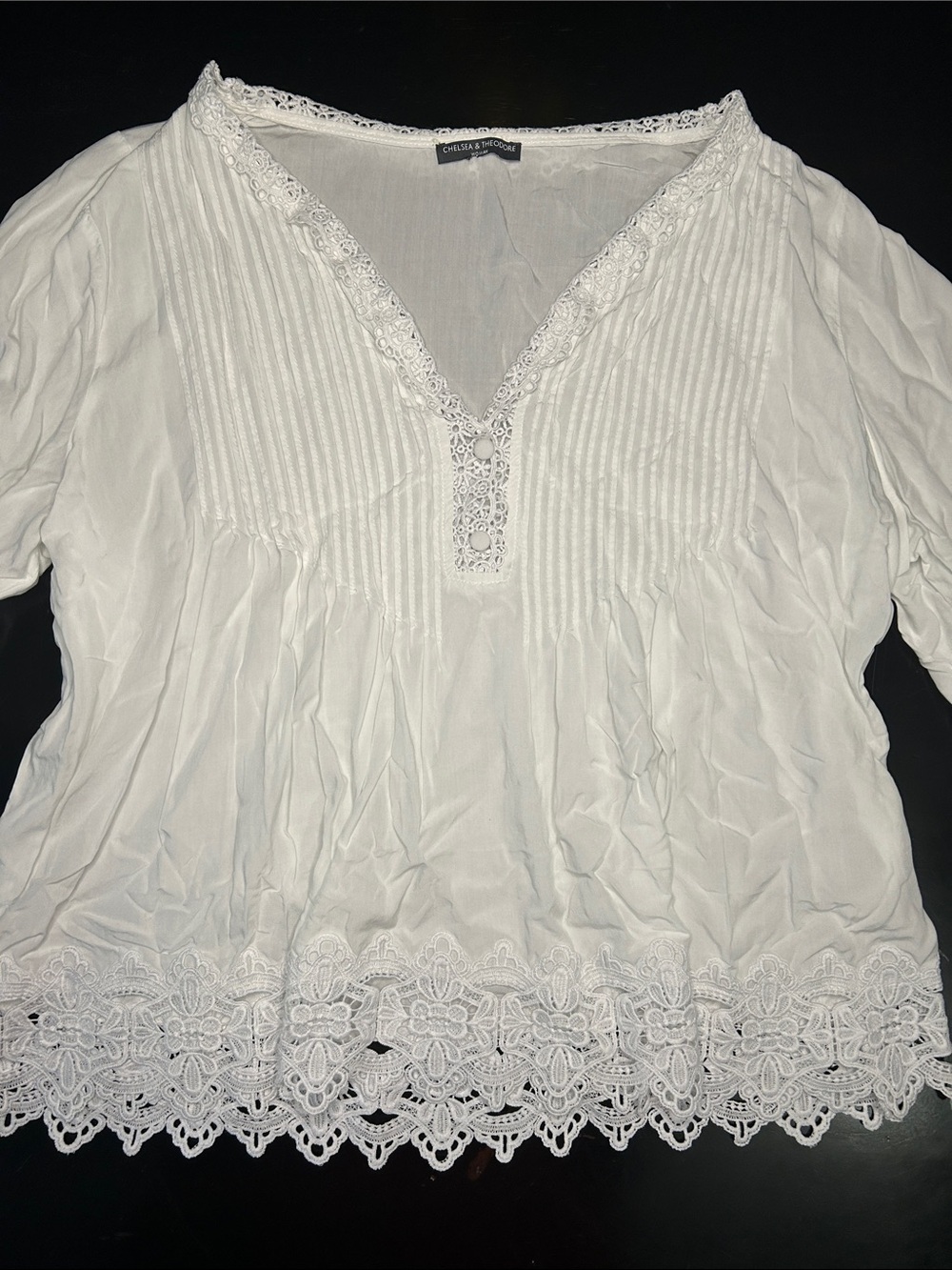 Chelsea & Theodore White Lace-Trim Pintuck pleated light & flowy Peasant Blouse